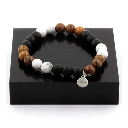 Howlite + Matte Black Onyx + Wood Bracelet 8 mm Beads.