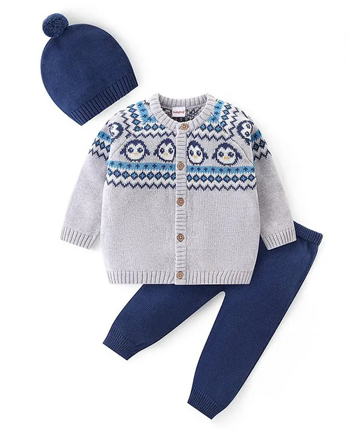 Knit Full Sleeves Sweater Set with Cap Penguin Design (Size-1-2YEAR)
