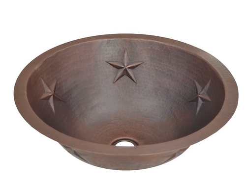 COPPER ROUND BATH SINK 5 STARS DESIGN ROPE LIP 17X17X6 G18 BRIGHT