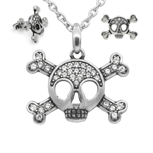 Studded Skull & Crossbones Necklace & Earrings Set