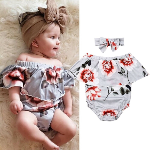 Newborn Baby Girl Flower Jumpsuits Headband 2pcs