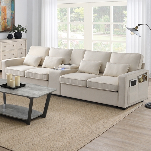 114.2" Upholstered Sofa with Console, 2 Cupholders and 2 USB Ports