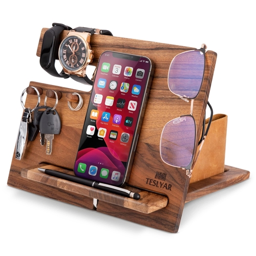 Natural Walnut Wood Phone Docking Station Hooks Key Holder Wallet