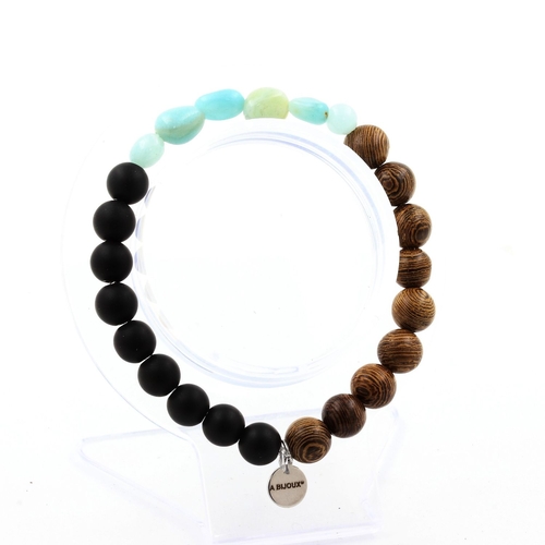 Amazonite from Brazil + Matte Black Onyx + wood Bracelet 8 mm Beads.