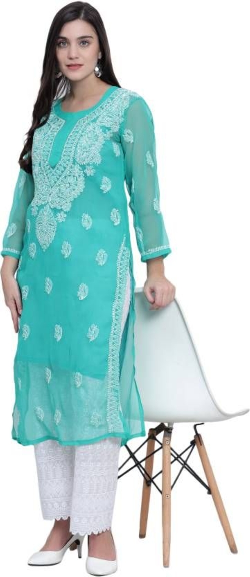 Women Chikanari Embroidery Georgette Straight Kurta (Size-M)