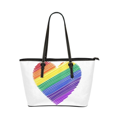 Large Leather Tote Shoulder Bag - Rainbow Heart White T358857