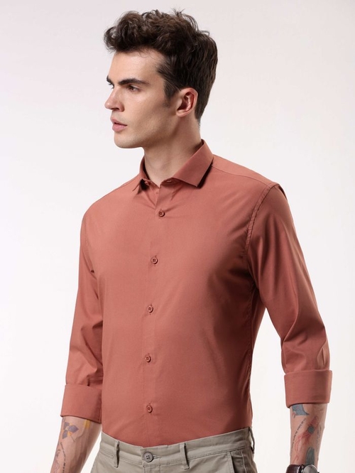 Men Slim Fit Solid Brown Formal Shirt (Size XL)