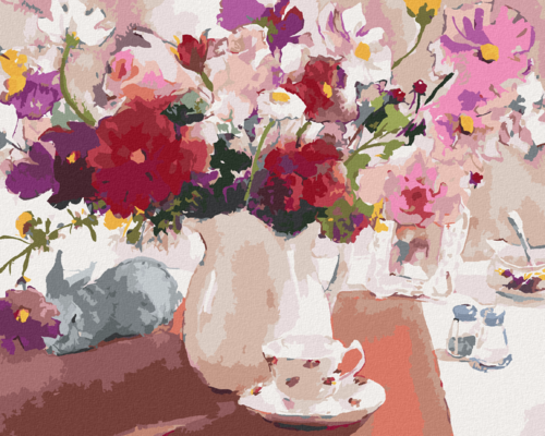 Zuty - Paint by Numbers â€“ VASE OF FLOWERS ON A TABLE AND A TEACUP