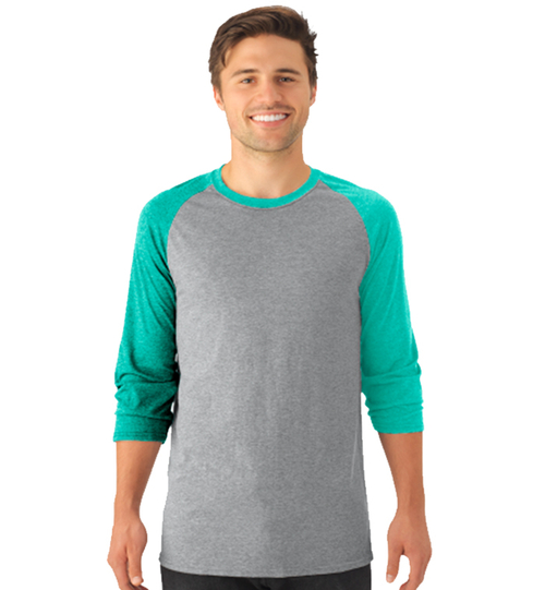 DDI 2331538 Jerzees Tri-Blend Baseball Raglan - Oxford/Mint Heather  X