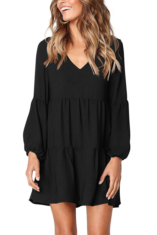 Black Ruffle V-Neck Flowy Loose Tunic Dress