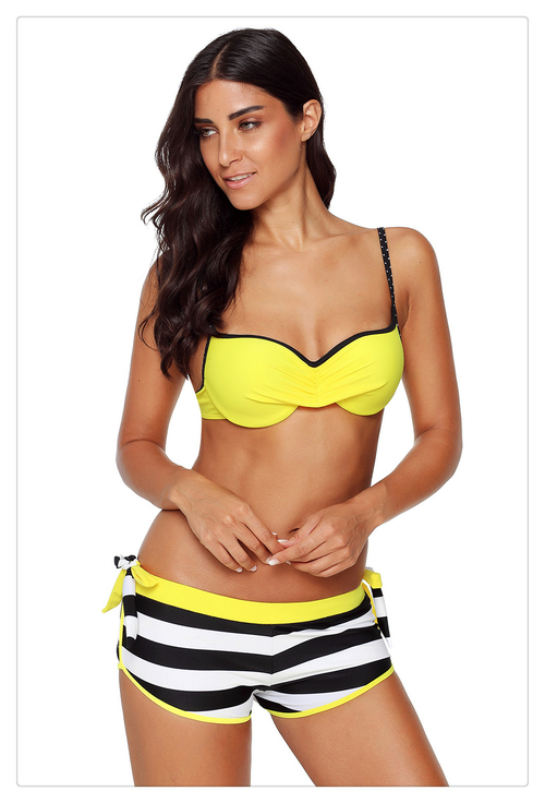 Yellow Wrinkled Bra Striped Bikini Bottom Swimsuit