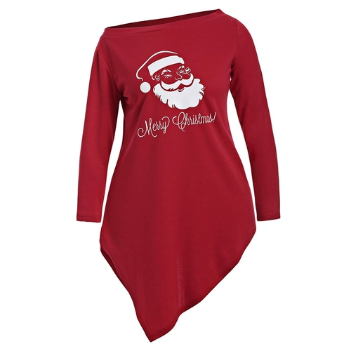  Plus Size Skew Neck Santa Claus Print