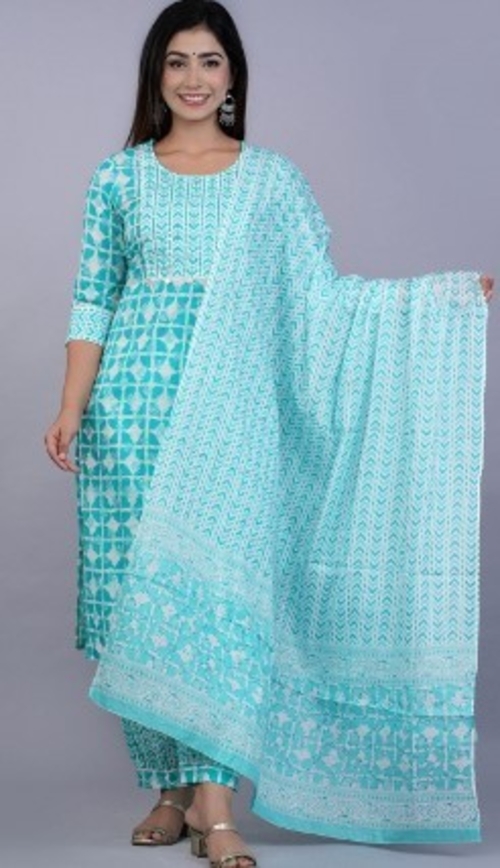 Ethnic Motifs Printed Pure Cotton Kurta with Salwar & Dupatta