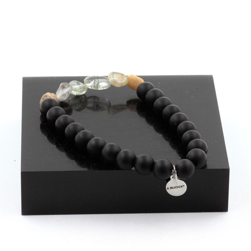 Green Ghost Quartz from Brazil + Matte Black Onyx Bracelet 8 mm Beads.