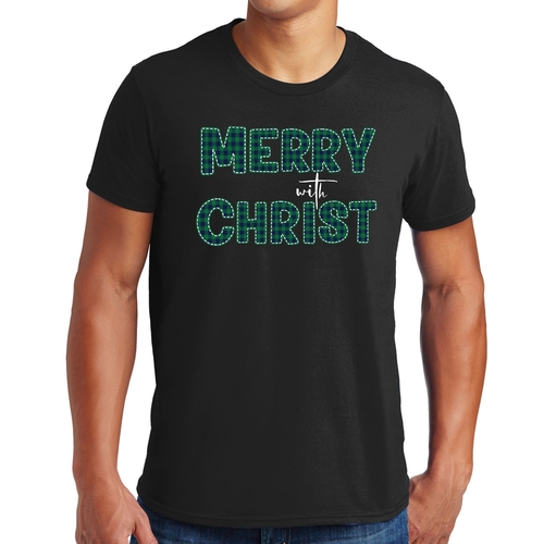 Mens Graphic T-shirt Merry with Christ - Green Plaid Christmas Holiday
