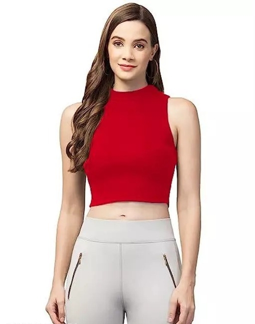 Women's & Girls' Solid Ribbed Slim Fit Crop Tank Top  Red