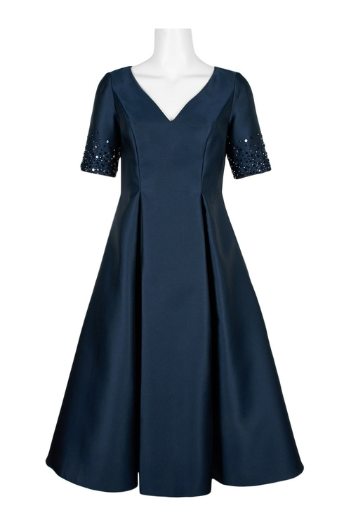 Adrianna Papell V-Neck Short Embellished Sleeve Zipper Nack Box Pleat