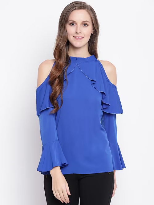 Solid Flared Casual Top (Size-M) (Color-Blue)