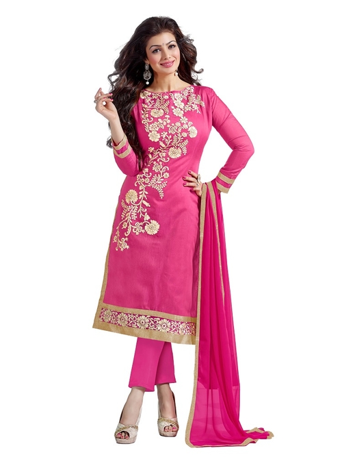 Women's Pink Chanderi Embroidered Dress Material