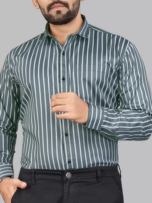 Men Regular Fit Striped Spread Collar Formal Shirt Dark Grey (Size M)