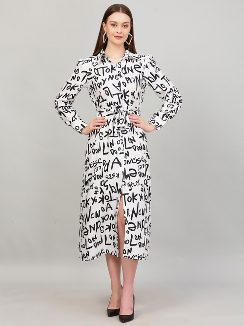 Women's Beautiful Letter Print Front Slit Long Fit and Flare Black