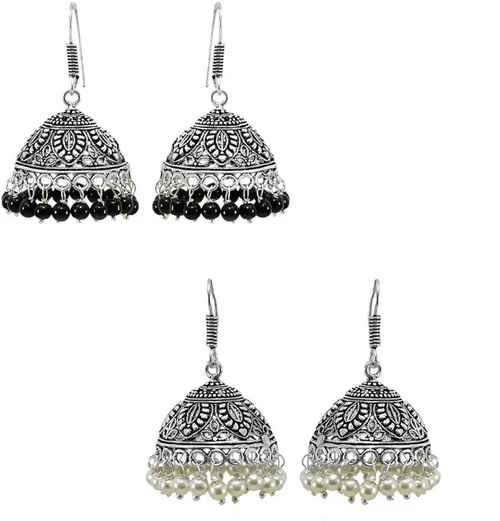 Bollywood Oxidised Silver plated Combo of Black & White beaded hook