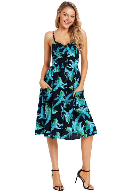 Green Leaf Print Black Button Down Sundress