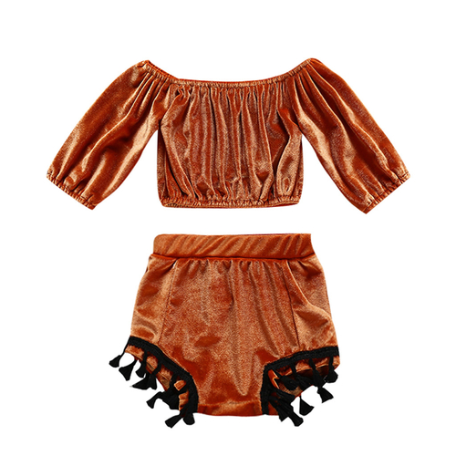 2pcs Infant Baby Girl Solid Ruched Off Shoulder