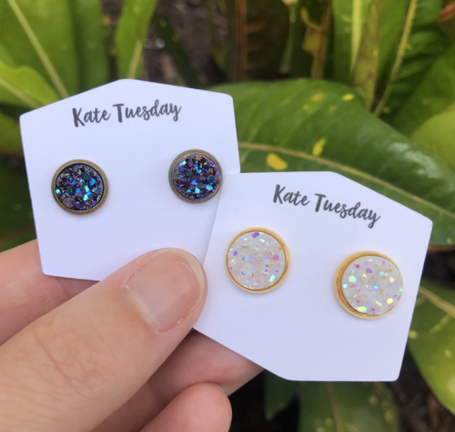 White 10mm Druzy and 8mm Multi Druzy Earrings