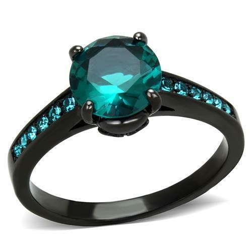 Women IP Black Stainless Steel Ring with Synthetic in Blue Zircon - Si