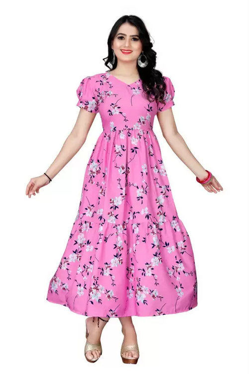 Women's Floral Print Crepe Stitched Flared/A-line Gown (Pink) (Size S)