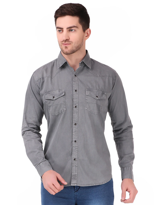 Men's Solid Slim Fit Cotton Casual Shirt GREY 3XL