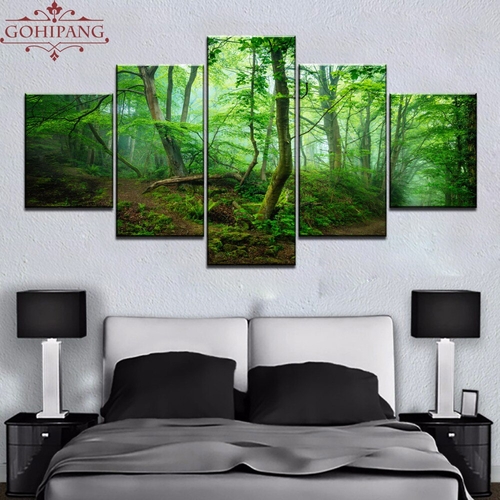 Framed HD 5 Panel Green Tree Forest Path