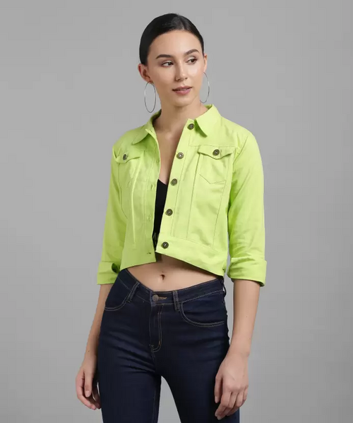 Women Solid Light Weight Casual Short Jacket (Color Neon Green) (Size