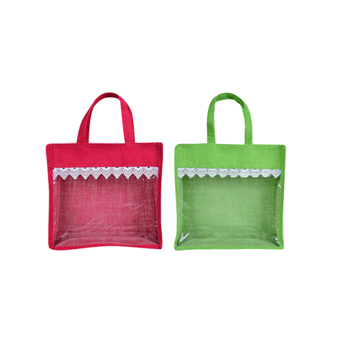 Combo of Pink and Green bag for lunch box, one side transparent design