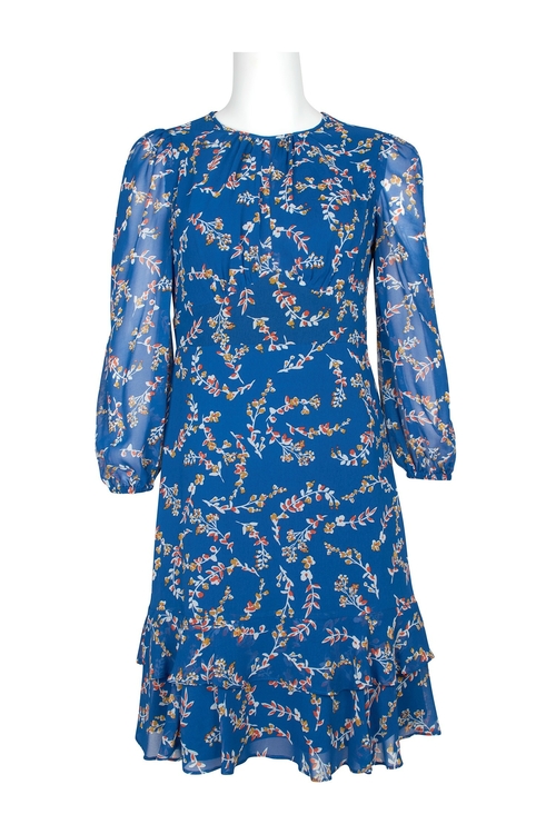 London Times Crew Neck Elastic 3/4 Sleeve Zipper Back Floral Print