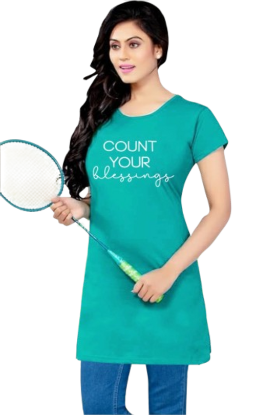 Women's Sea Green Long Round Neck Tshirt with Two Size Cut Size L