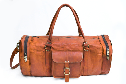 Vintage Leather Duffle Bag for Travel or the Gym,- Brown- Round 