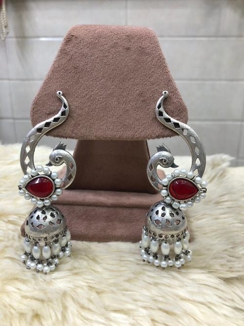 Peacock silver Red oxidised earrings for women