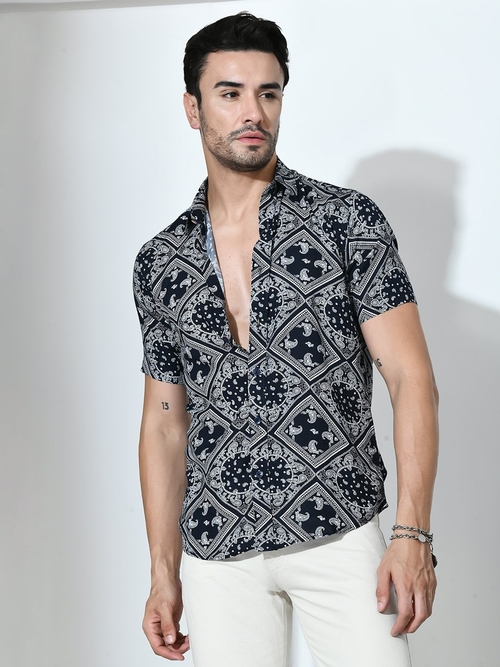 Bandana Printed Half Sleeves Casual Shirt-BLACK (Size-S) (Color-BLACK)