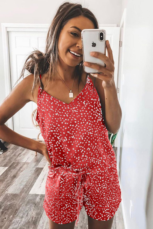 Red Dotted Satin Cami And Shorts Pajamas Set