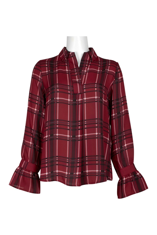 Spense Collared V-Neck Long Sleeve Plaid Polyester Top