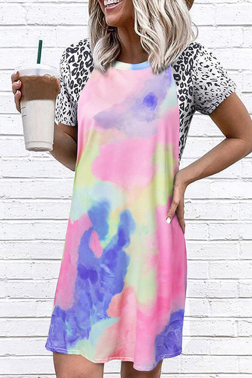 Tie Dye Leopard Splicing O-Neck Mini Dress