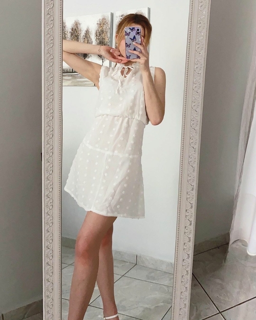 White Split Neck Pom Pom Textured Flowy Mini Dress