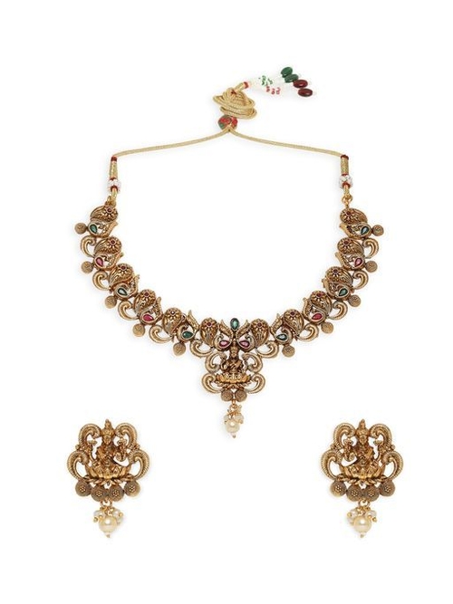 Red & Green Stone Laxmi Design Necklace Set with