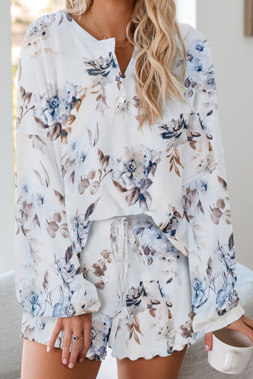 Floral Print White Knit Pajamas Set