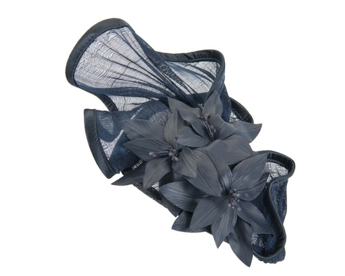 Sculptured navy fascinator with leather flowers