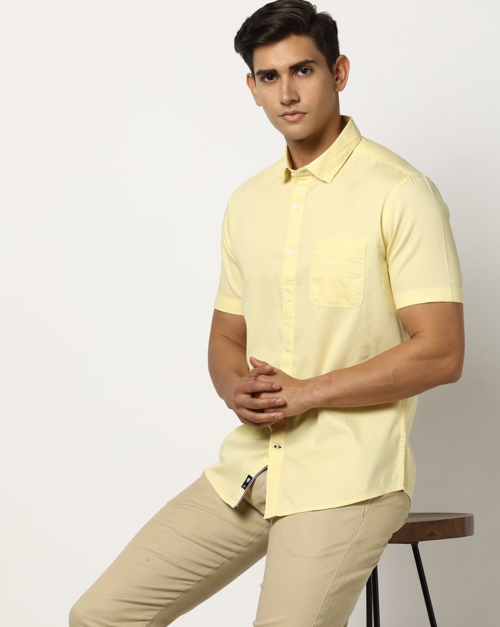Men's Solid Slim Fit Cotton Casual Shirt YELLOW 3XL