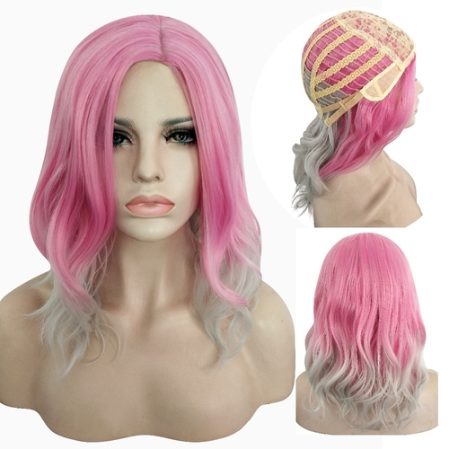 High Quality Medium Long Wavy Pink Silver Grey