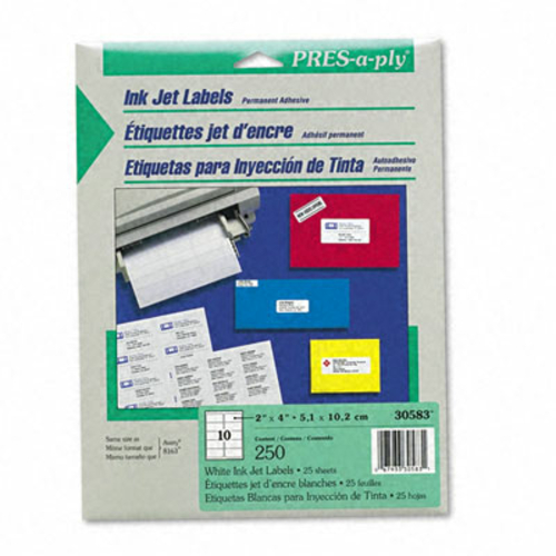 Avery 30583 Pres-A-Ply Ink Jet Address Labels  2 x 4  White  250 Pack